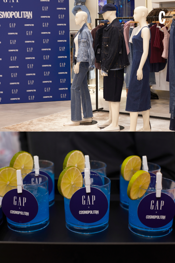 custom blueberry drinks woth the GAP logo. and manequiness dressed in thenew gap collection